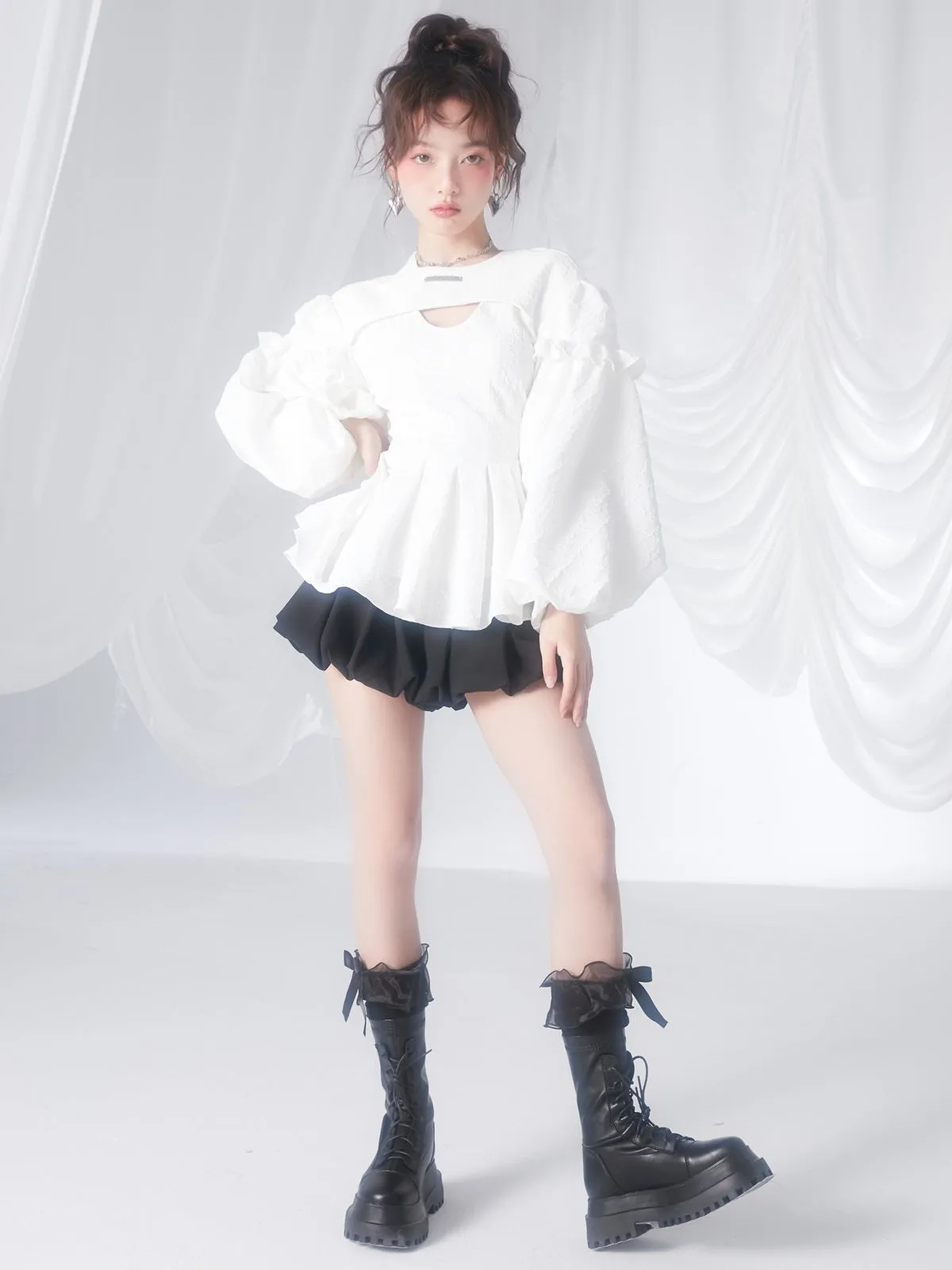 Peplum Balloon-sleeve Pleats Pullover