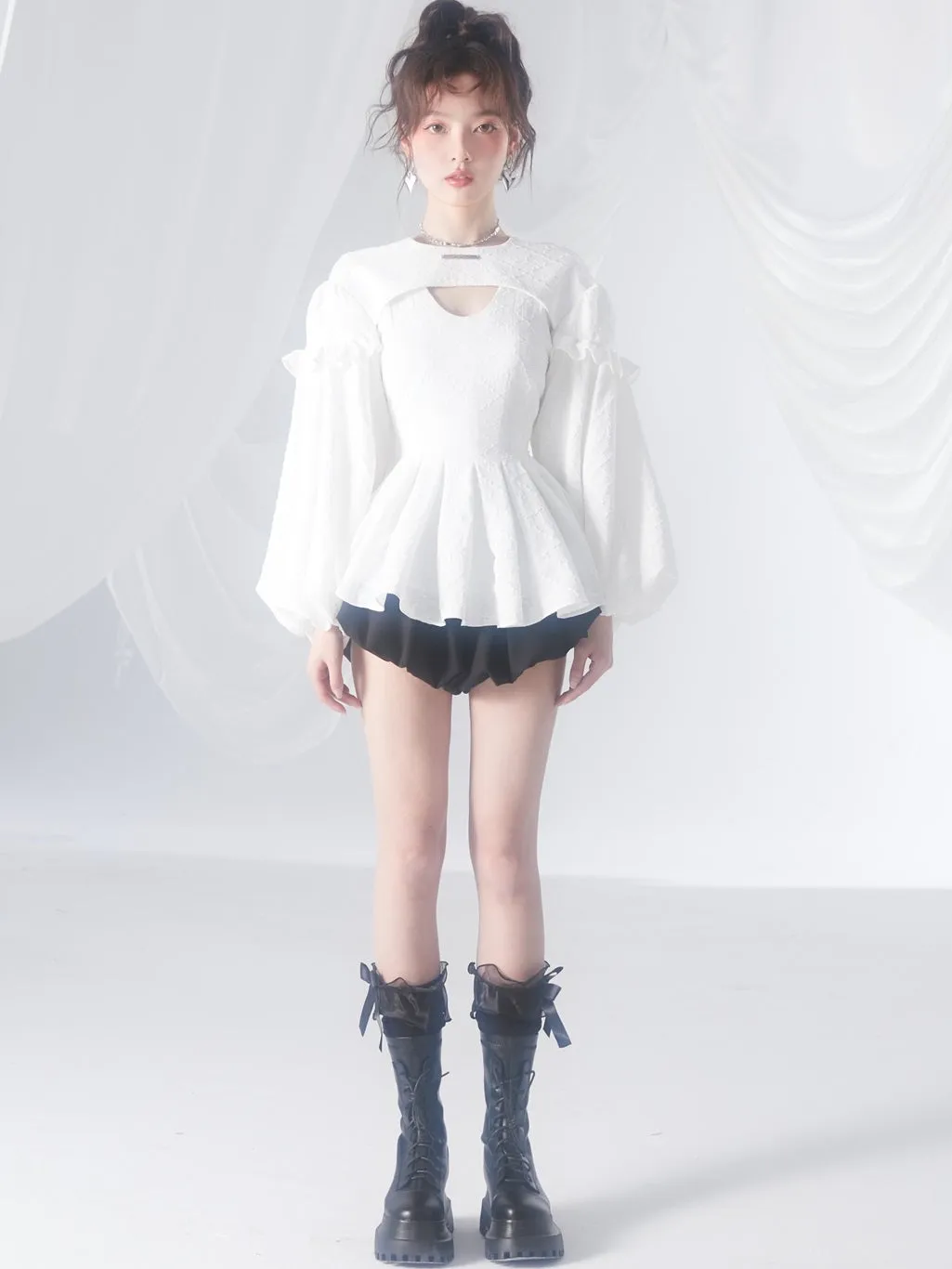 Peplum Balloon-sleeve Pleats Pullover