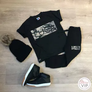 Personalised Camouflage Camo Black Tracksuit Lounge Set- joggers & t-shirt