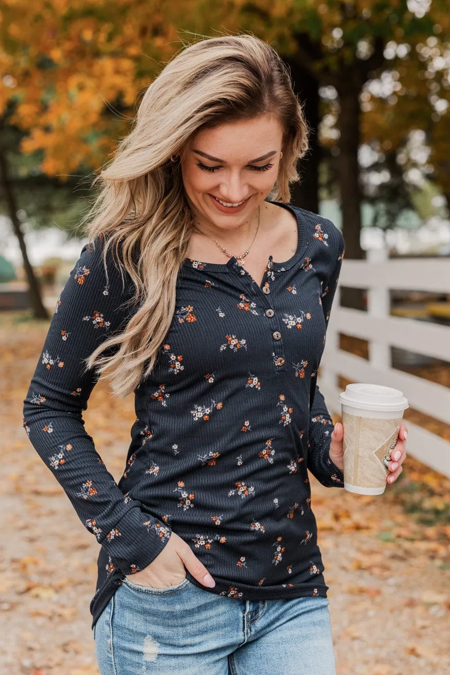 Piercing Beauty Floral Henley Top- Navy