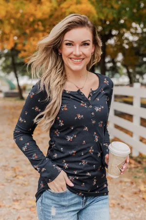 Piercing Beauty Floral Henley Top- Navy