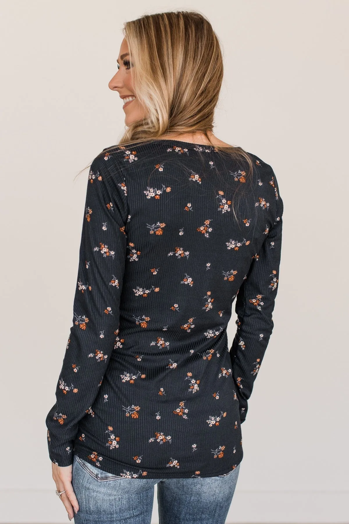 Piercing Beauty Floral Henley Top- Navy