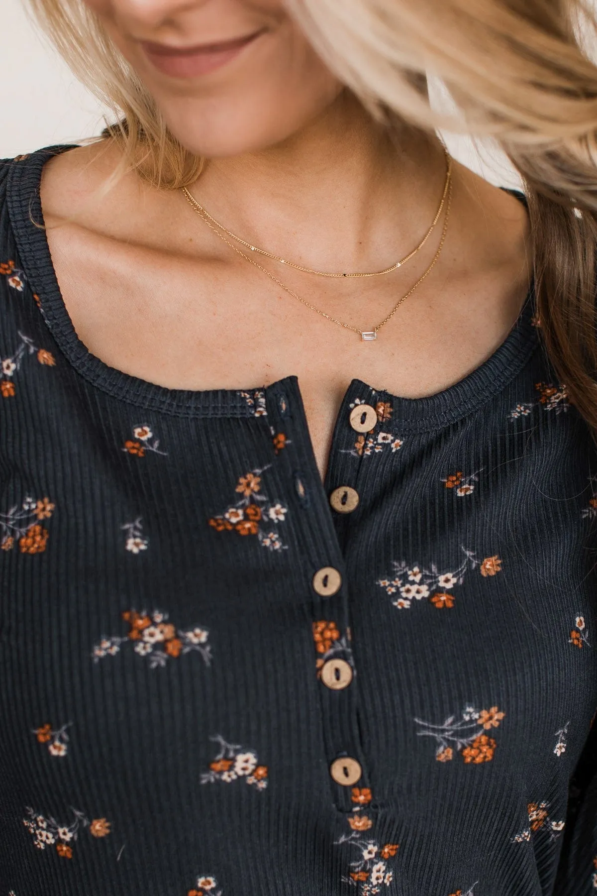 Piercing Beauty Floral Henley Top- Navy