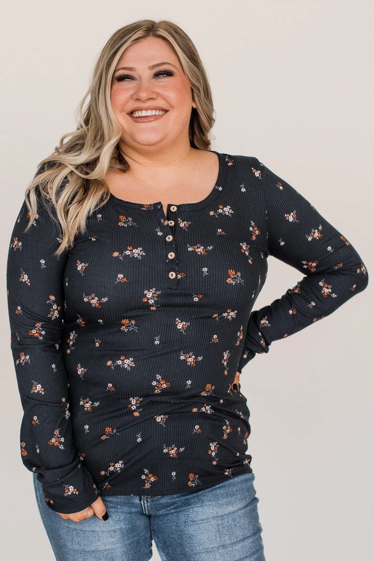Piercing Beauty Floral Henley Top- Navy