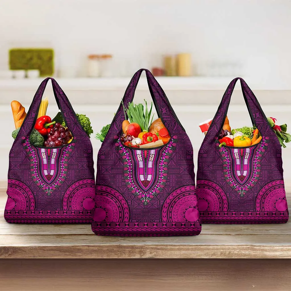 Pink Dashiki and Tapa Pattern Grocery Bag Africa-Polynesia Together Culture LT9