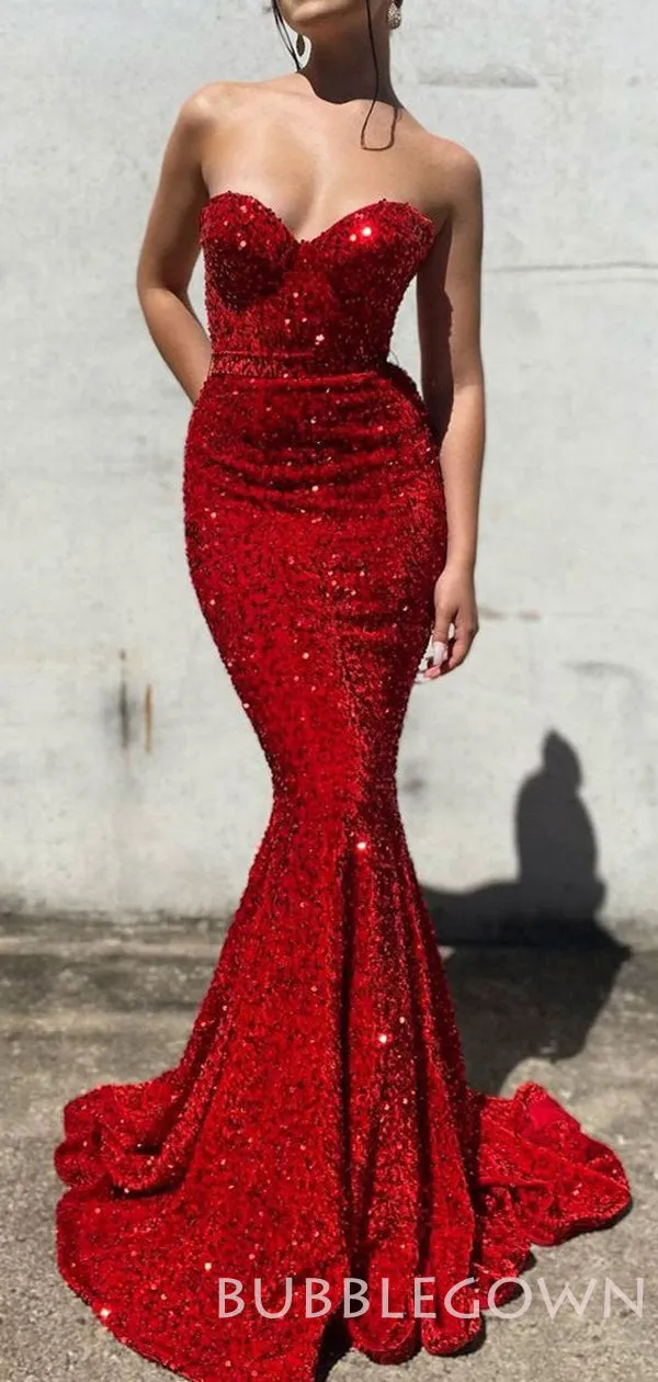 Pink/Gold Sequin Mermaid Strapless Long Sweetheart Evening Prom Dresses, Cheap Custom Prom Dresses, MR8008