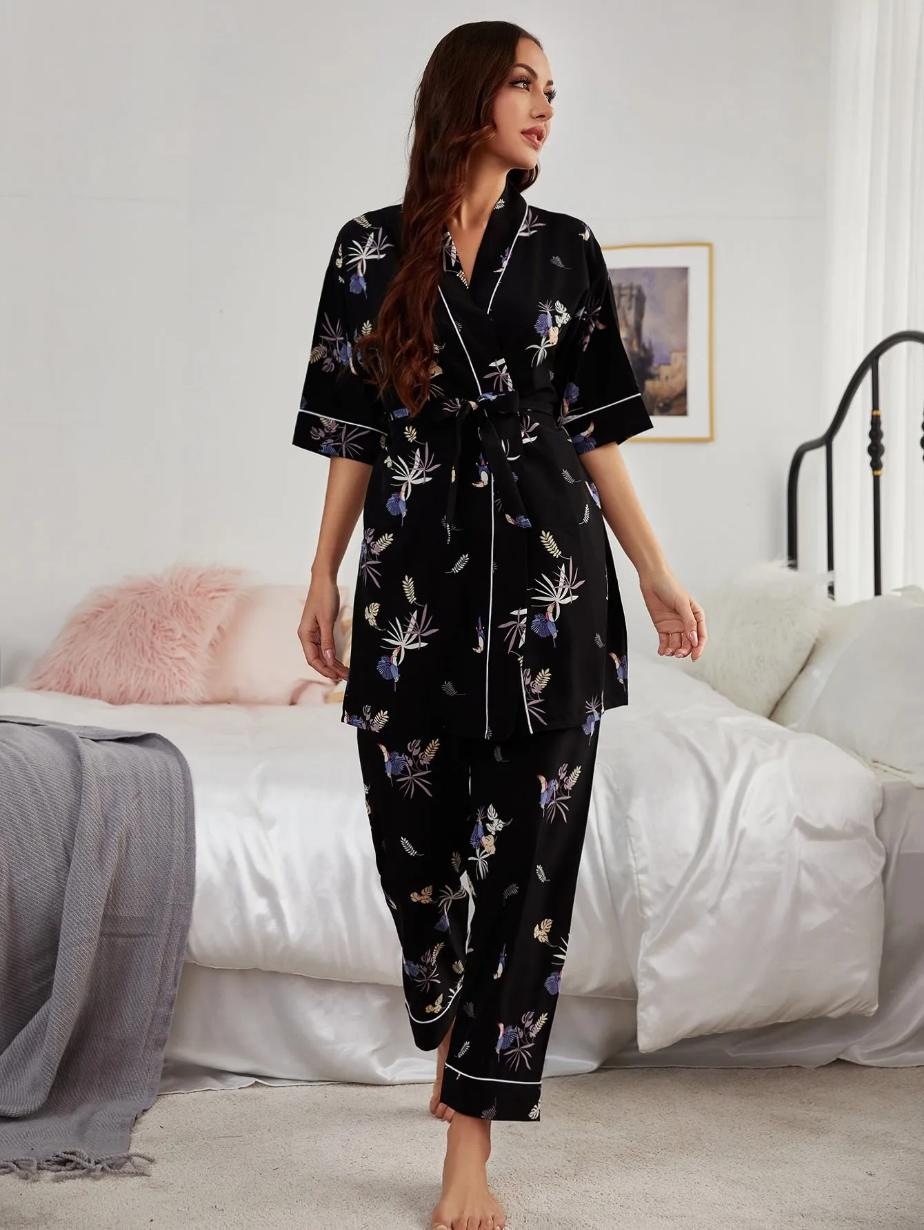 Plants Print Contrast Binding PJ Set