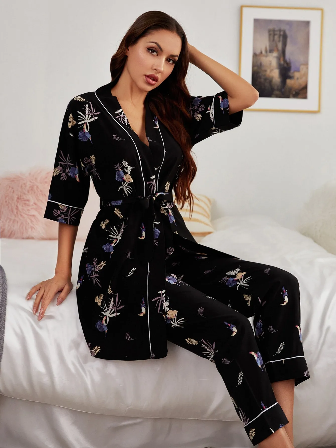 Plants Print Contrast Binding PJ Set