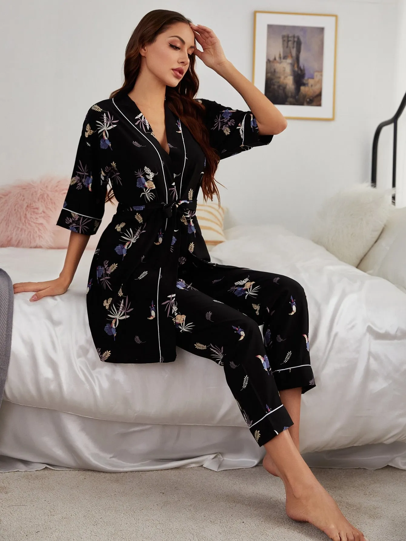 Plants Print Contrast Binding PJ Set