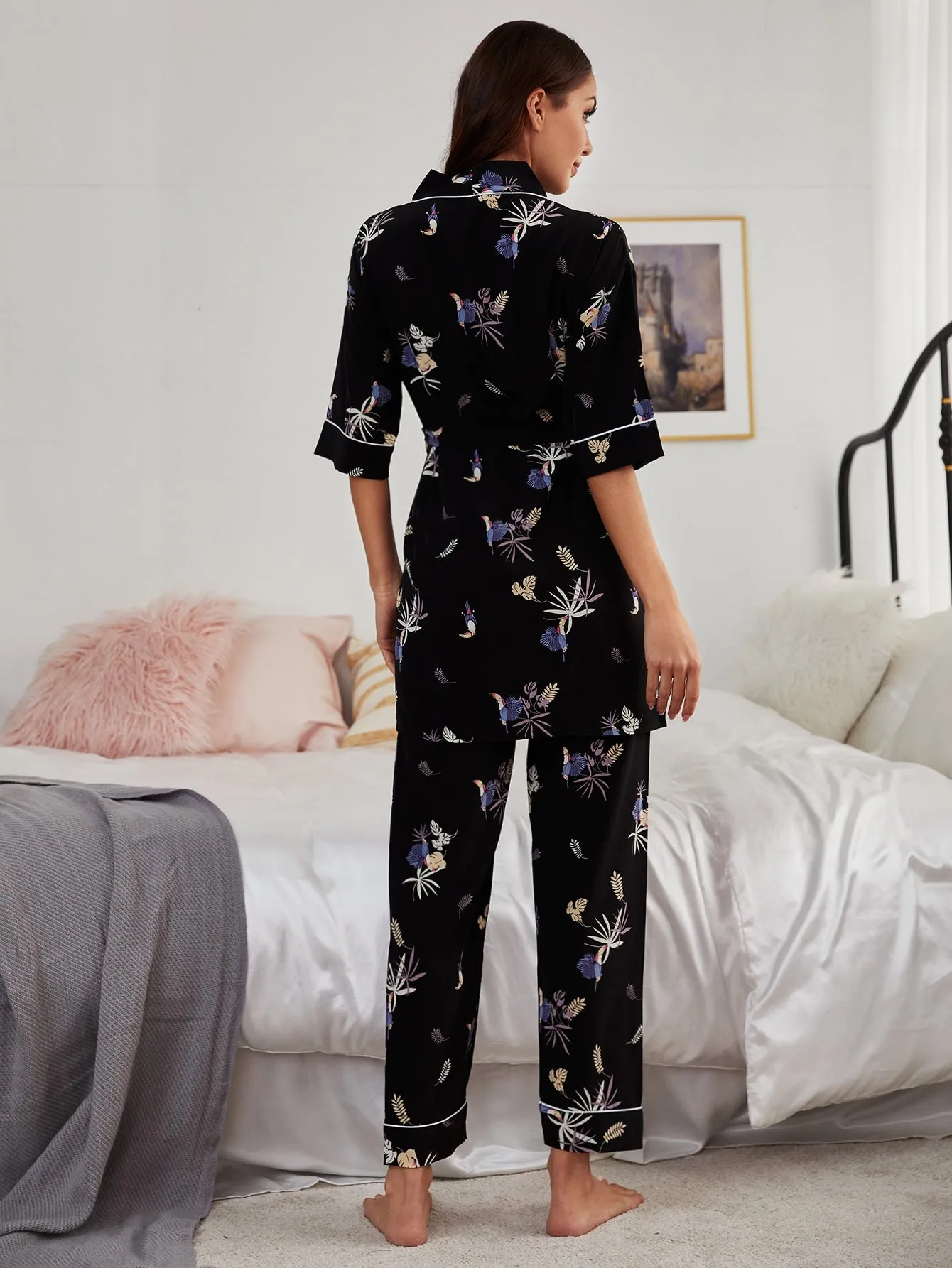 Plants Print Contrast Binding PJ Set