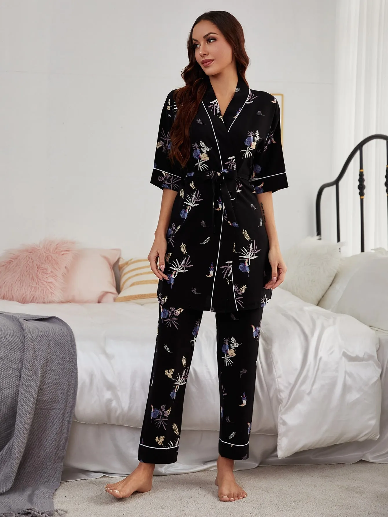 Plants Print Contrast Binding PJ Set