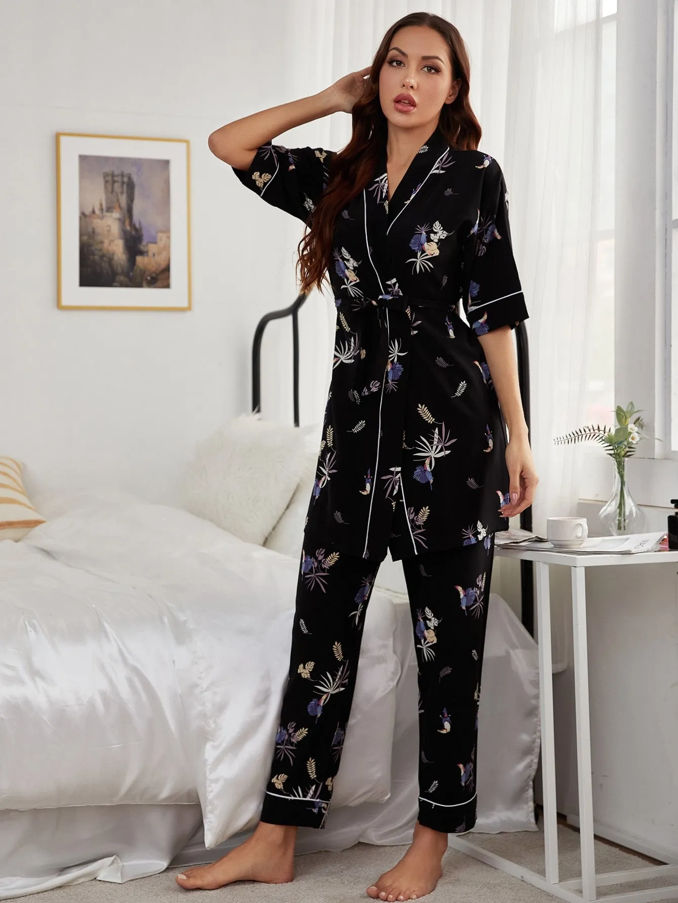 Plants Print Contrast Binding PJ Set