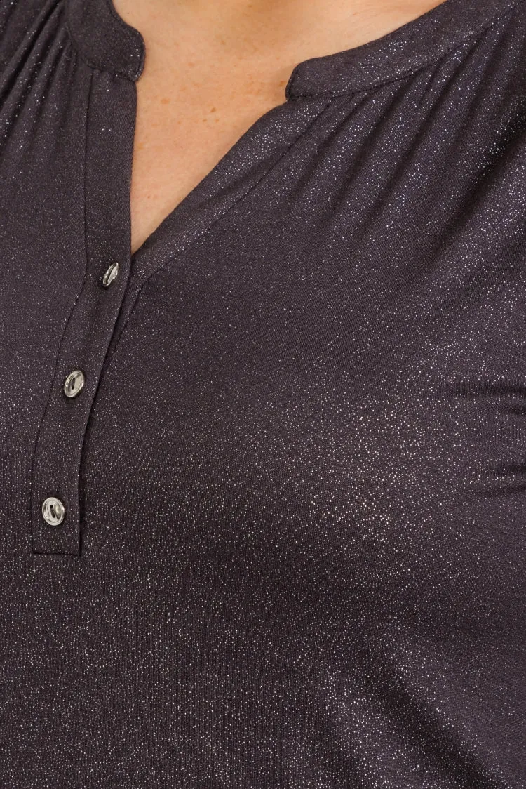 PLUS GLITTER HENLEY MANDARIN ROLL TAB SHIRT