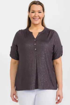 PLUS GLITTER HENLEY MANDARIN ROLL TAB SHIRT