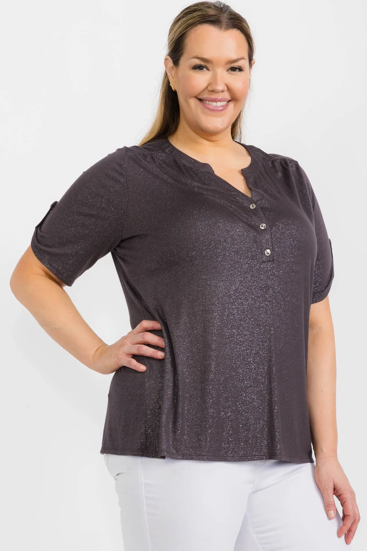 PLUS GLITTER HENLEY MANDARIN ROLL TAB SHIRT