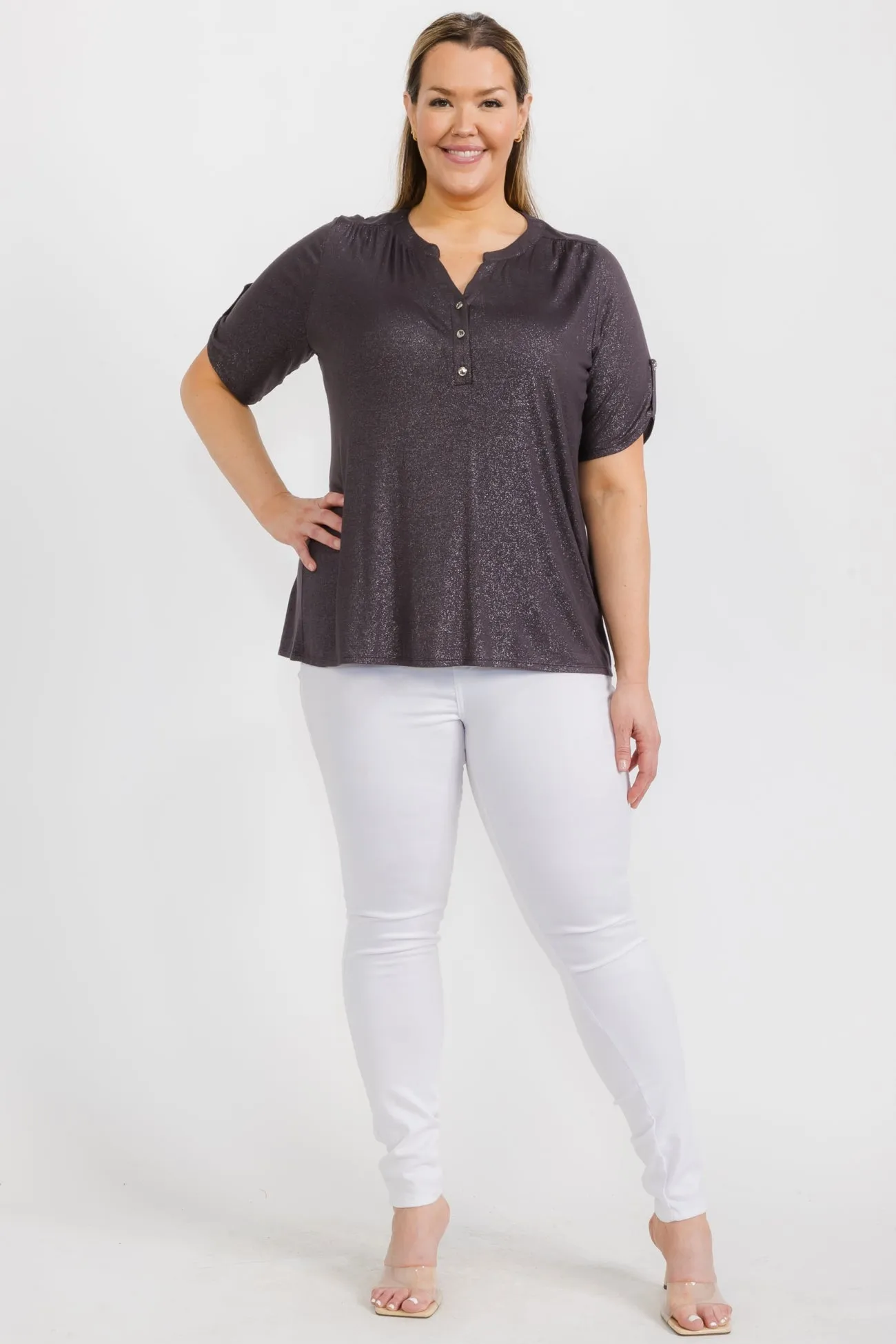 PLUS GLITTER HENLEY MANDARIN ROLL TAB SHIRT