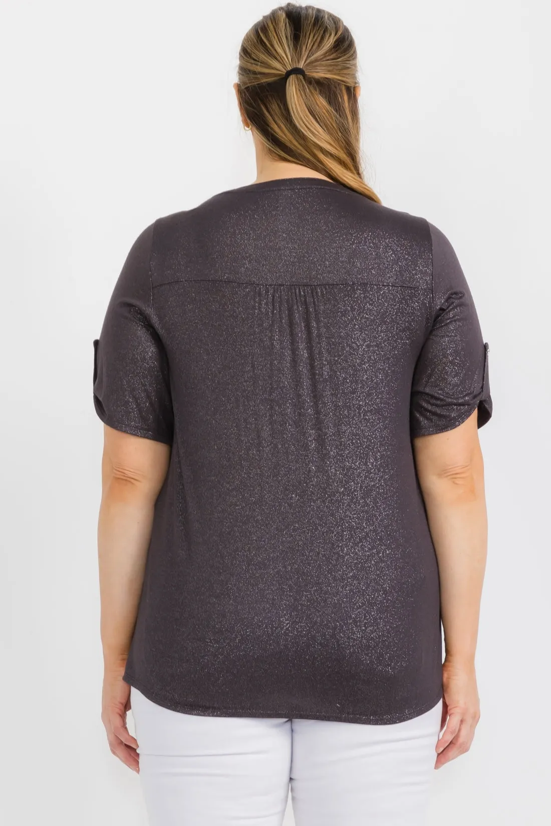 PLUS GLITTER HENLEY MANDARIN ROLL TAB SHIRT