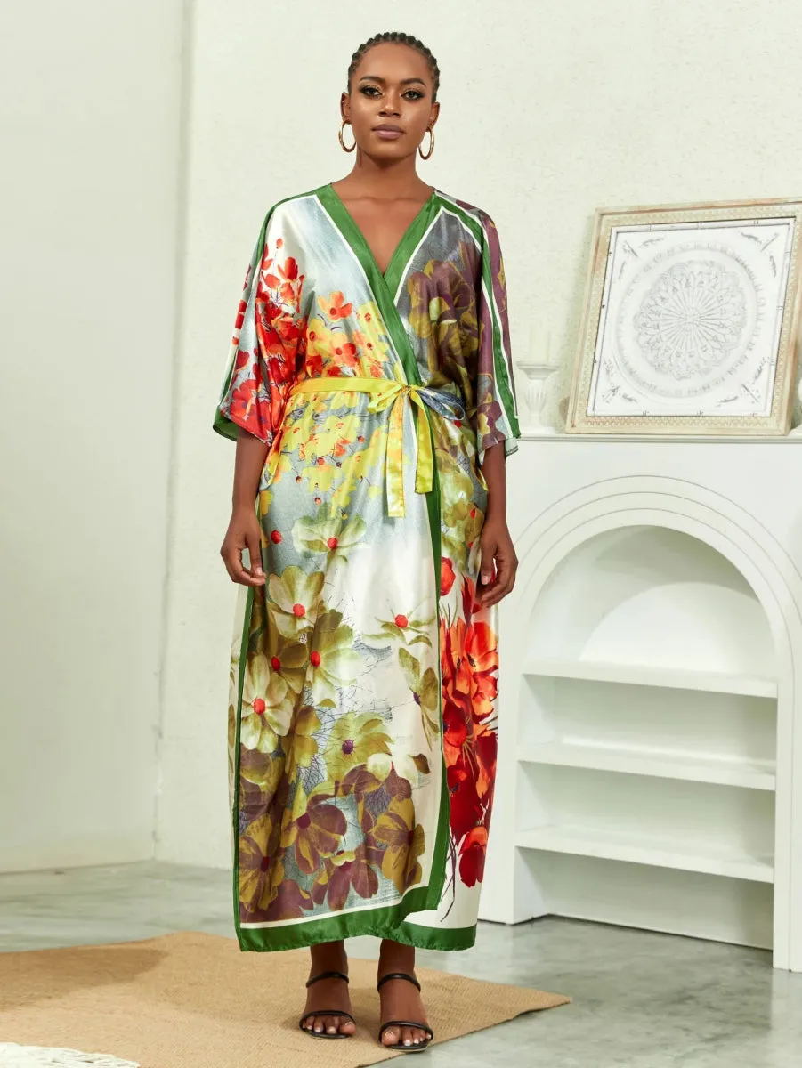 Plus Size Elegant Kimono, Women's Plus Solid Satin Half Sleeve Open Front Belted Kimono Cover Up