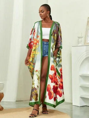 Plus Size Elegant Kimono, Women's Plus Solid Satin Half Sleeve Open Front Belted Kimono Cover Up