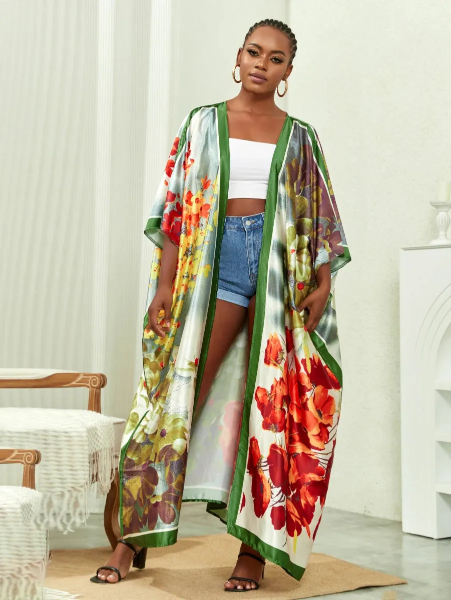 Plus Size Elegant Kimono, Women's Plus Solid Satin Half Sleeve Open Front Belted Kimono Cover Up