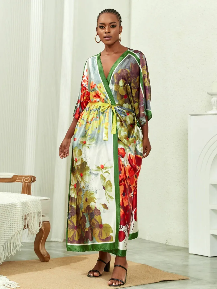Plus Size Elegant Kimono, Women's Plus Solid Satin Half Sleeve Open Front Belted Kimono Cover Up