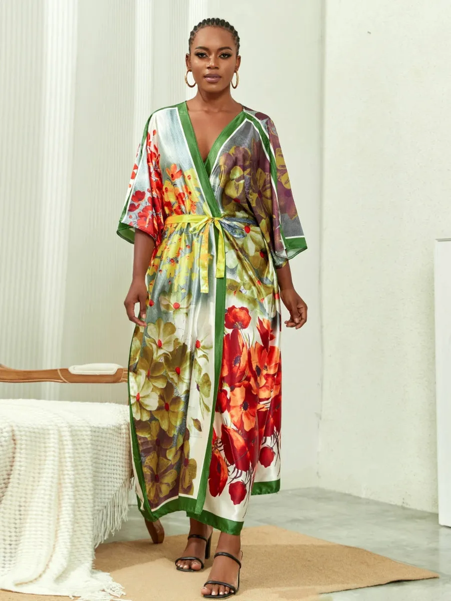 Plus Size Elegant Kimono, Women's Plus Solid Satin Half Sleeve Open Front Belted Kimono Cover Up