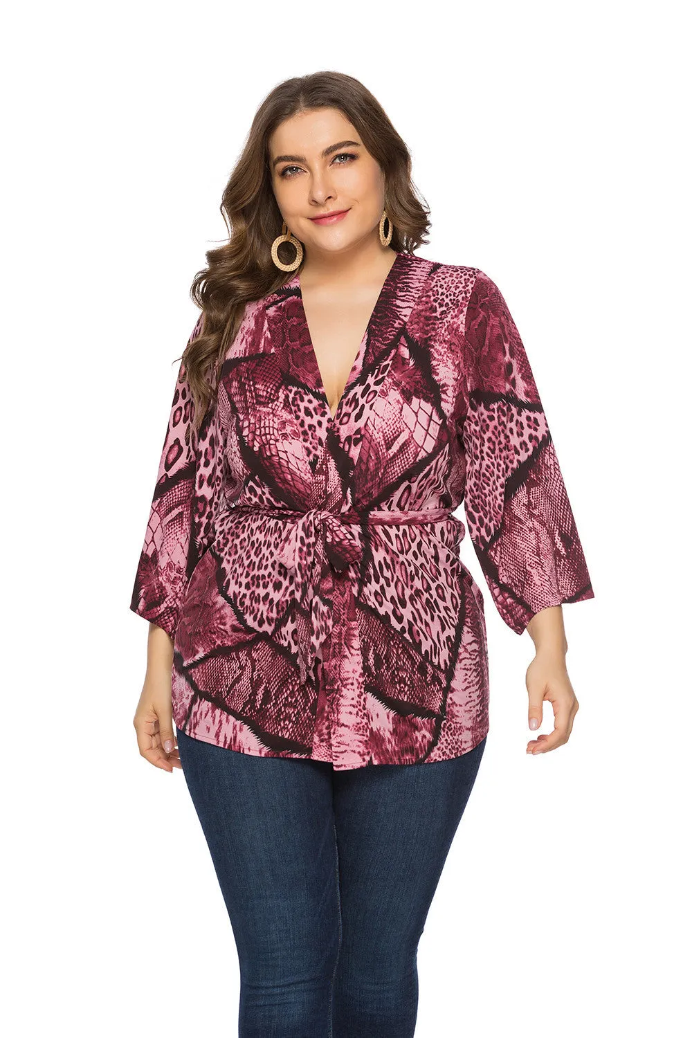 Plus Size Loose Snake Pattern Lace Up Top