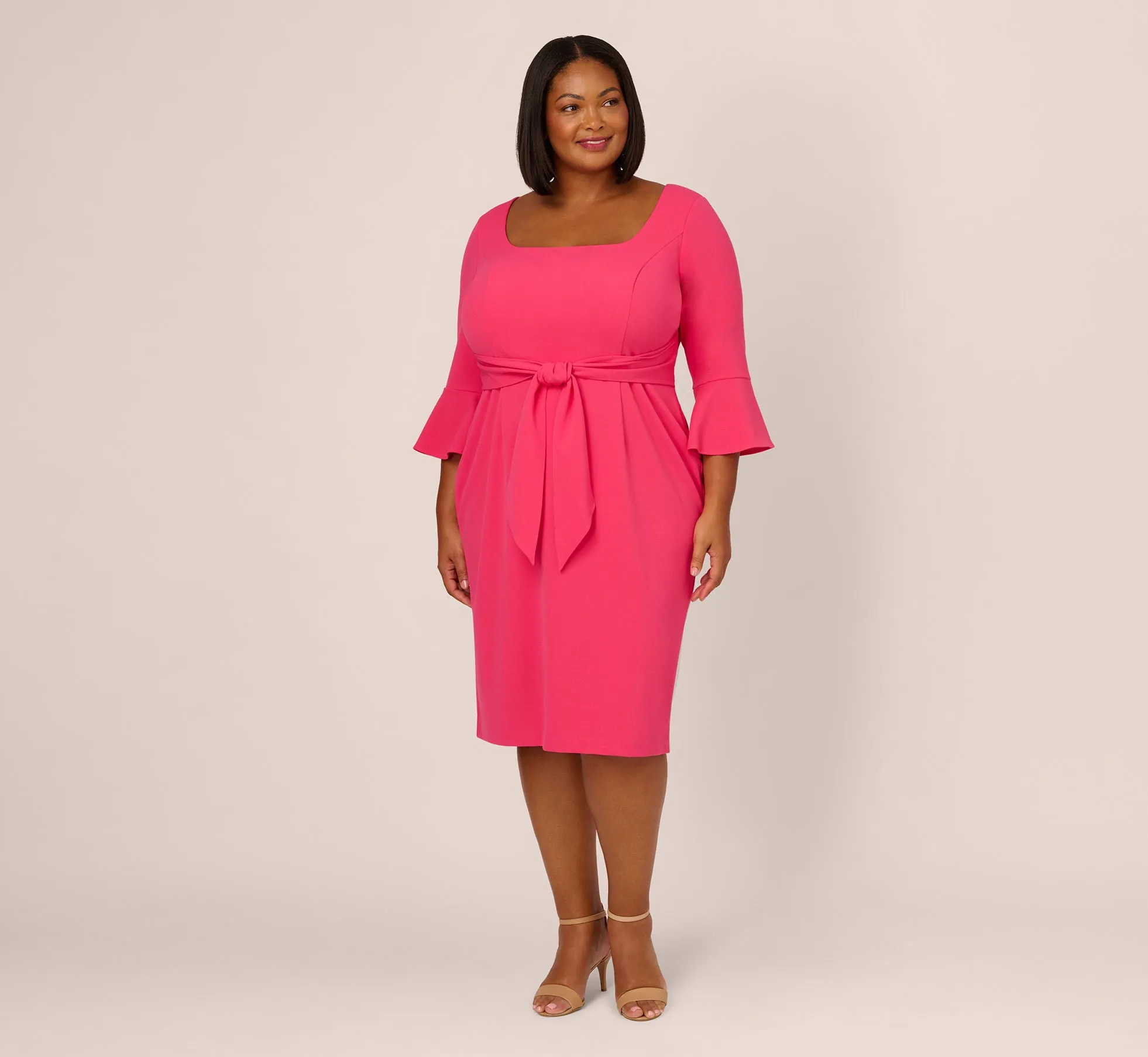 Plus Size Stretch Knit Crepe Tie-Front Midi-Length Sheath Dress In Camellia
