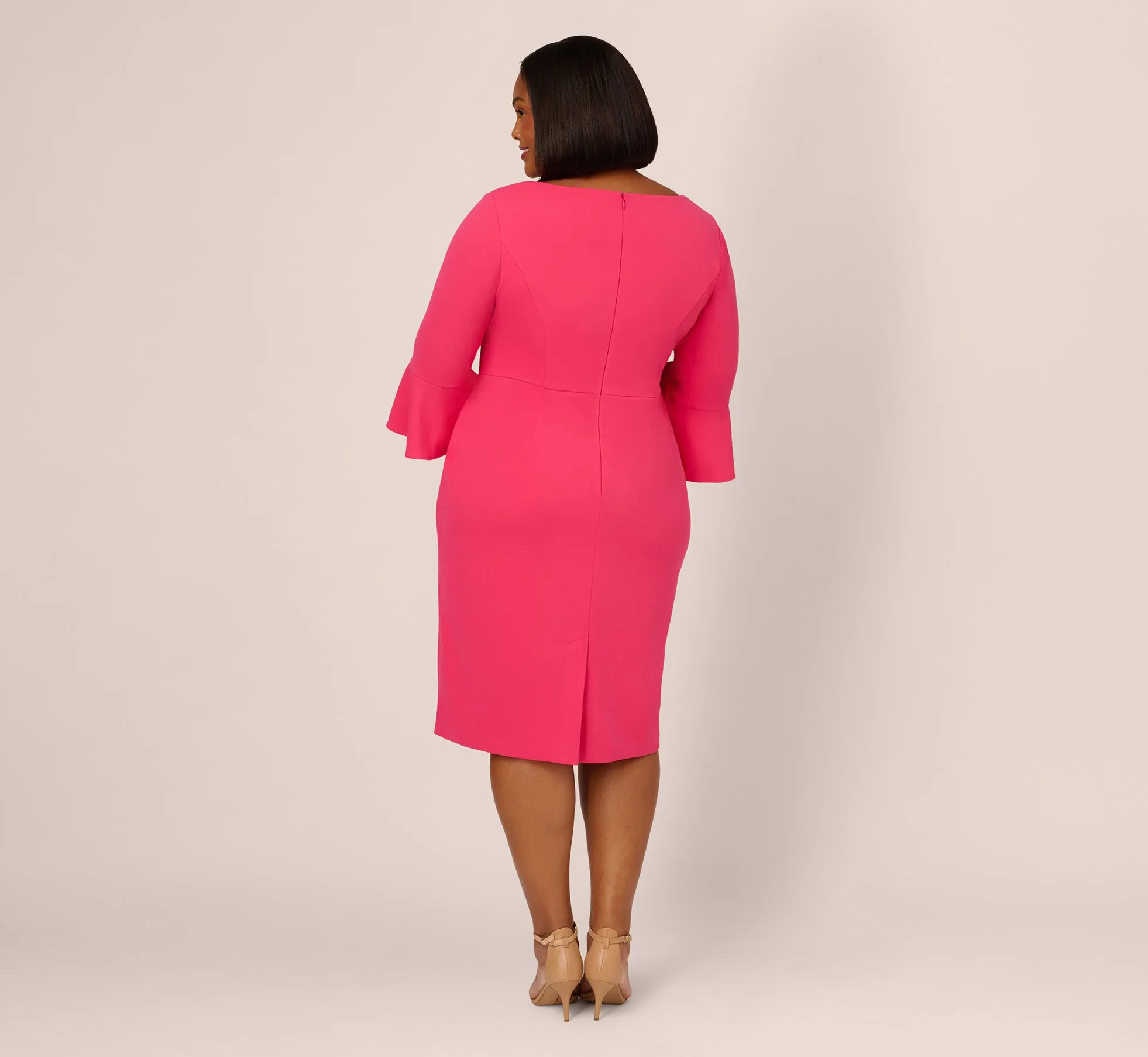 Plus Size Stretch Knit Crepe Tie-Front Midi-Length Sheath Dress In Camellia