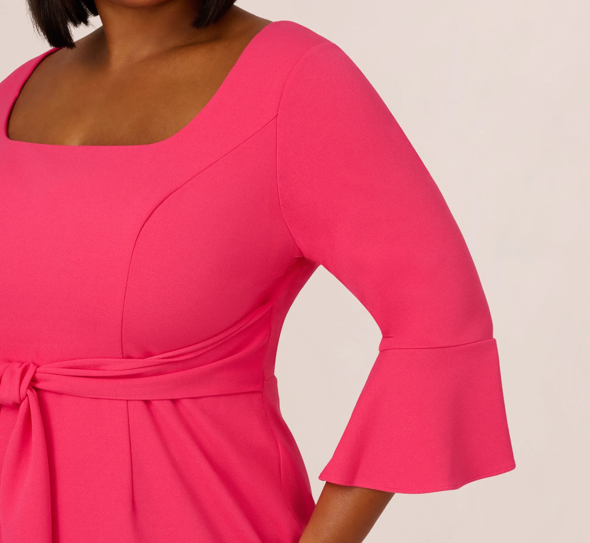 Plus Size Stretch Knit Crepe Tie-Front Midi-Length Sheath Dress In Camellia