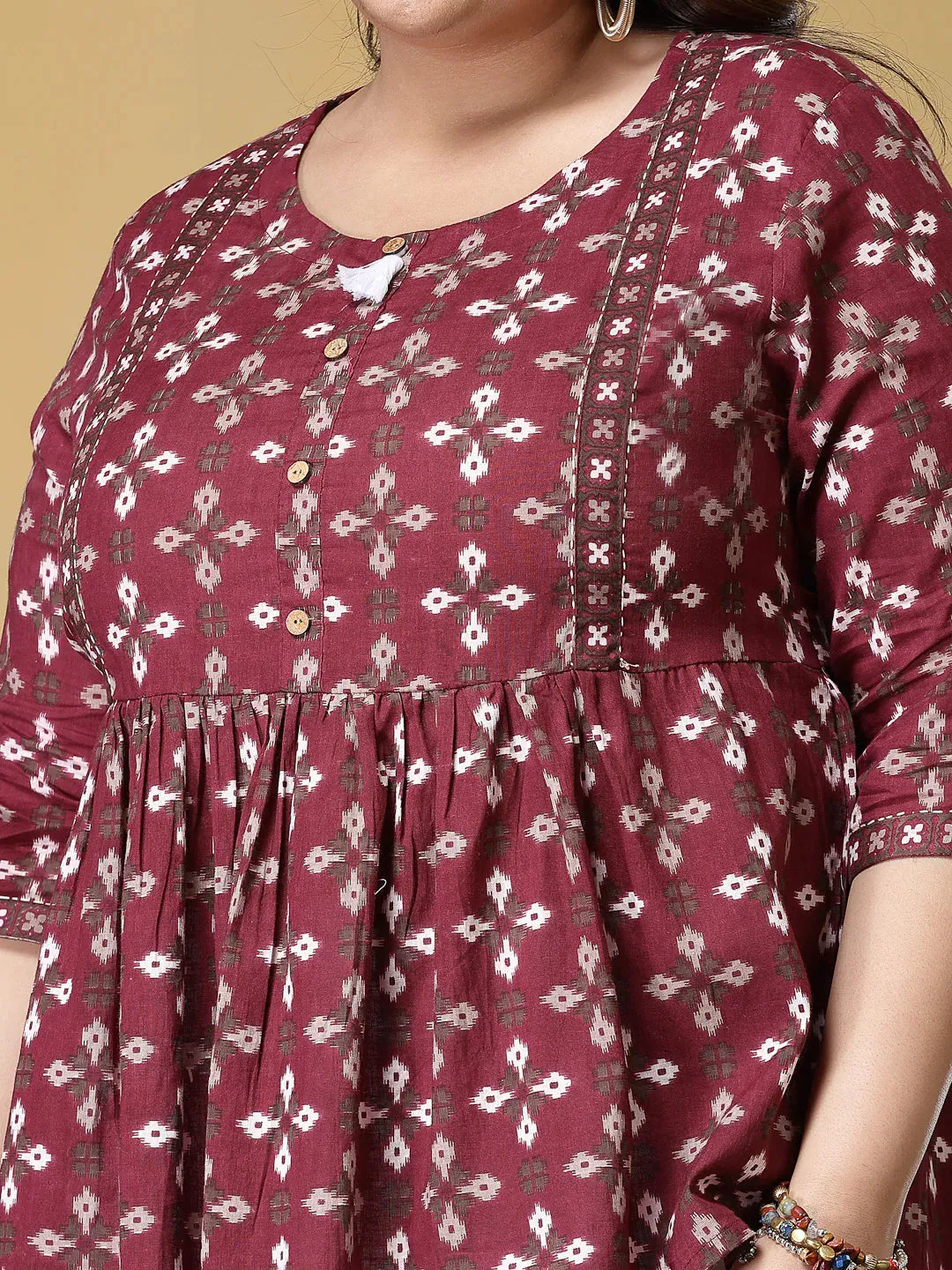 Plus Size Women Dabu Printed Cotton Peplum Top-TOPMAROONDOVEPLUS