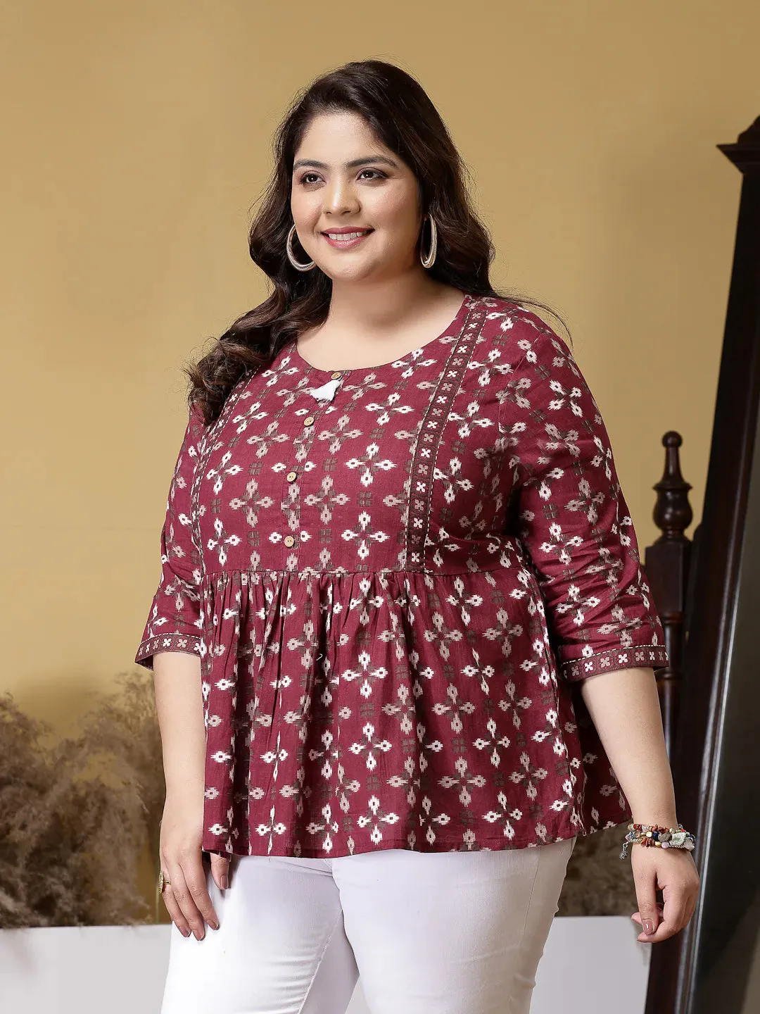 Plus Size Women Dabu Printed Cotton Peplum Top-TOPMAROONDOVEPLUS