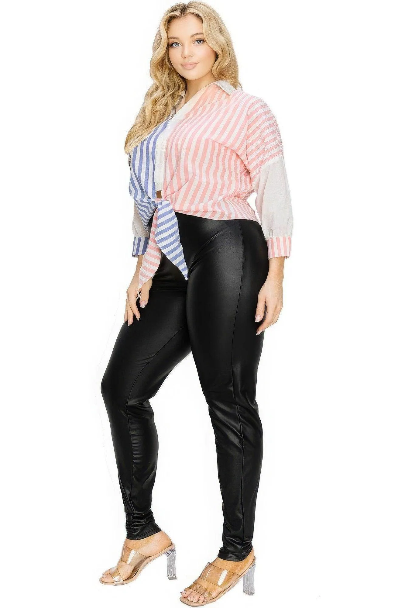 Plus Stripe Pattern Print Front Tie Shirt