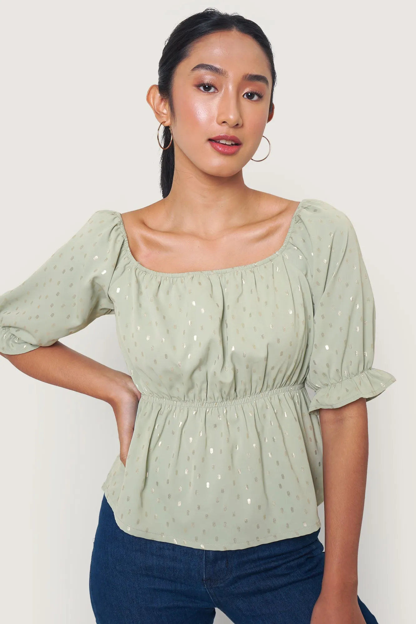 Polka Dot Peplum Puff Sleeve Top