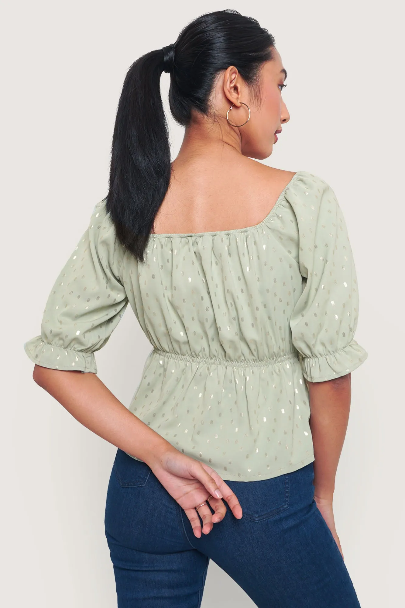 Polka Dot Peplum Puff Sleeve Top