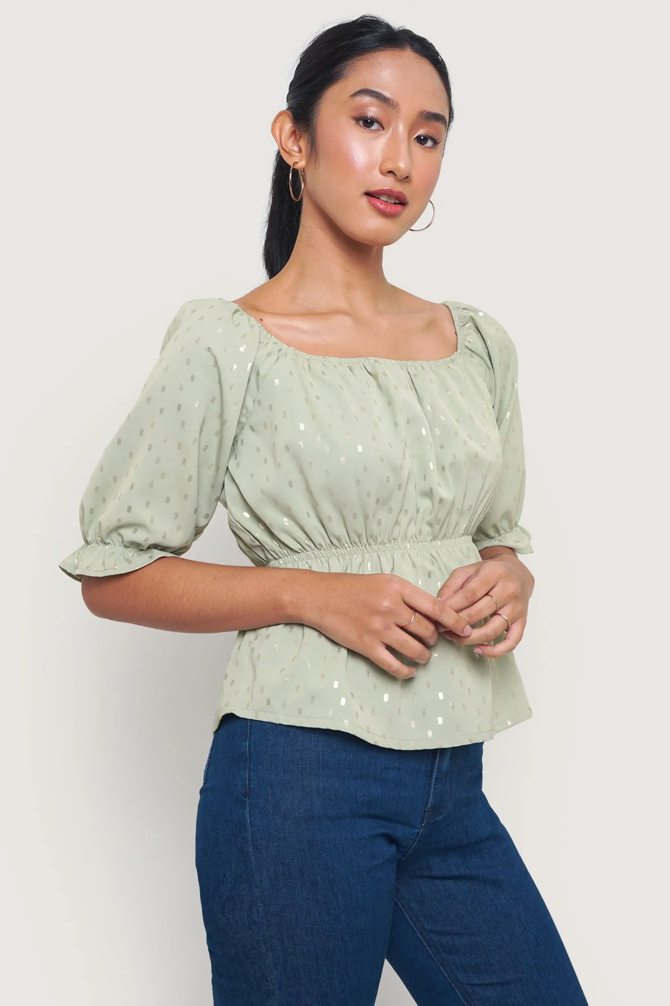 Polka Dot Peplum Puff Sleeve Top