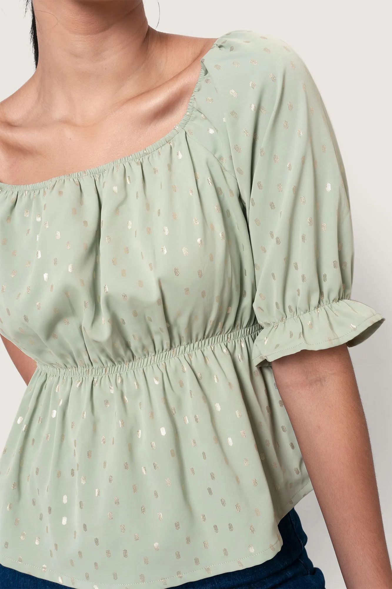 Polka Dot Peplum Puff Sleeve Top