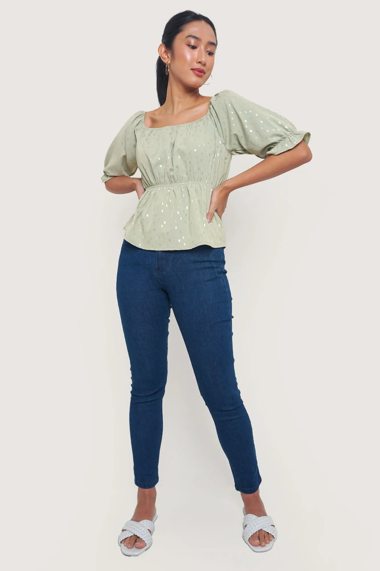 Polka Dot Peplum Puff Sleeve Top
