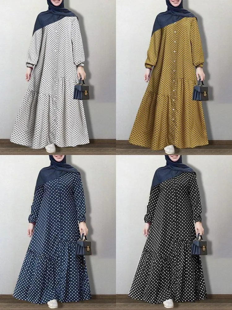 Polka Dot Printed Button Down Front Elastic Cuff Bohemian Kaftan Tunic Women Maxi Dress