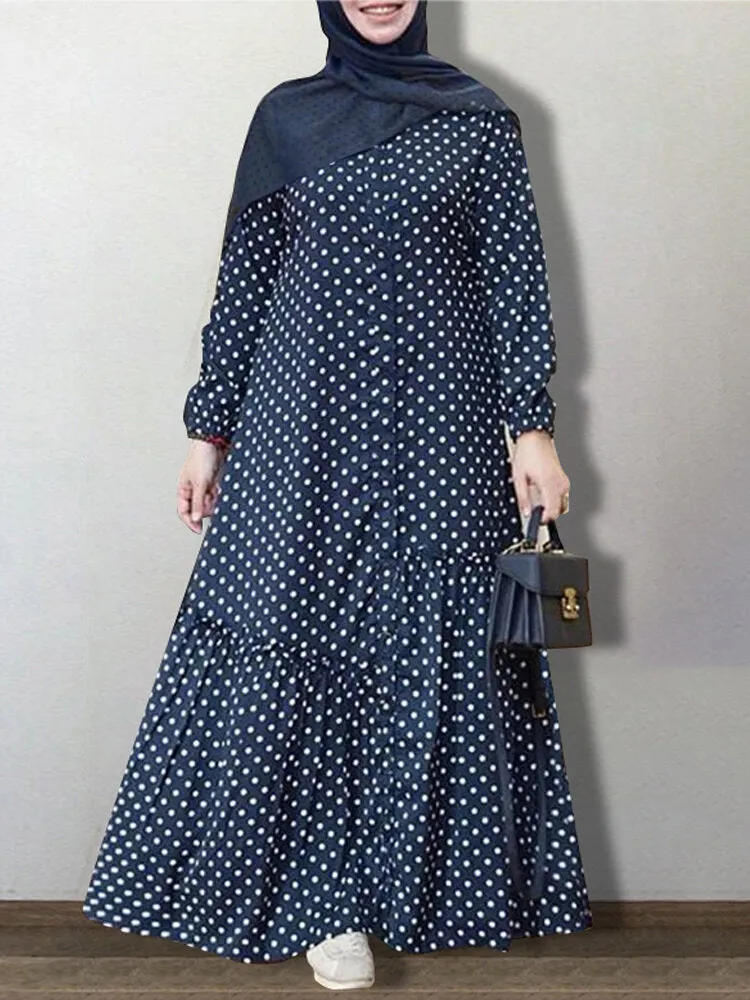 Polka Dot Printed Button Down Front Elastic Cuff Bohemian Kaftan Tunic Women Maxi Dress