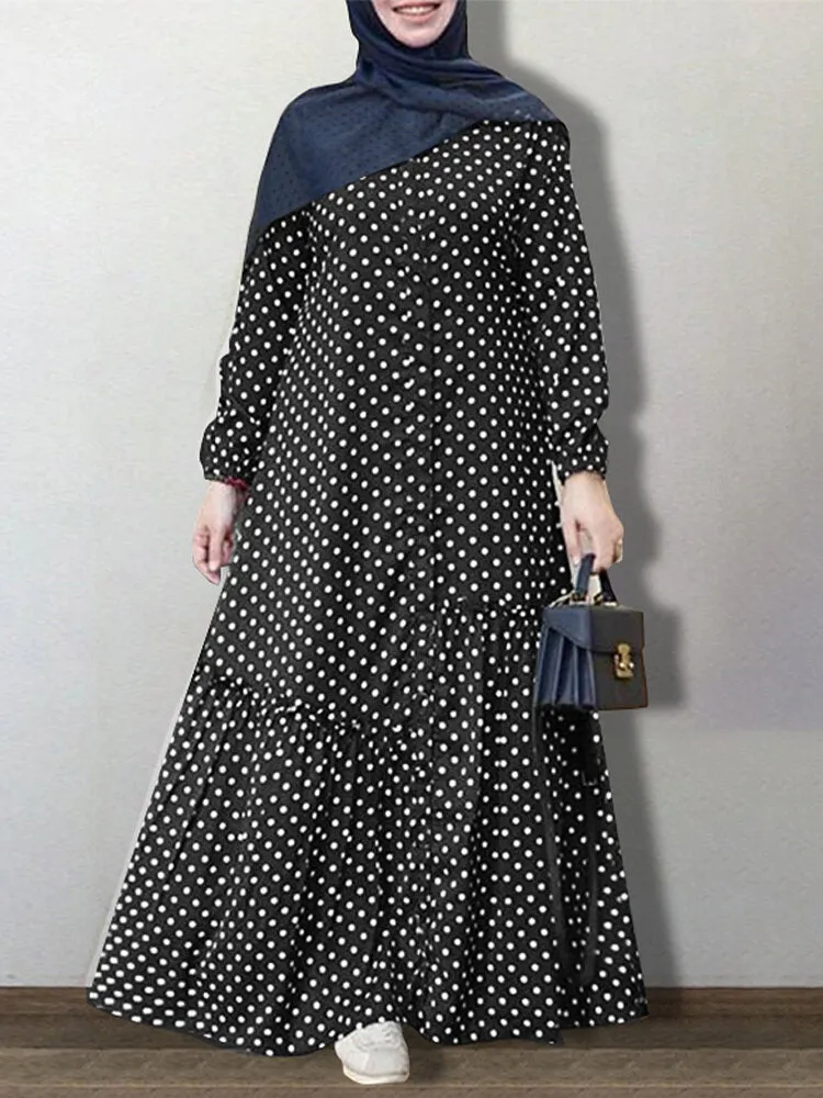Polka Dot Printed Button Down Front Elastic Cuff Bohemian Kaftan Tunic Women Maxi Dress
