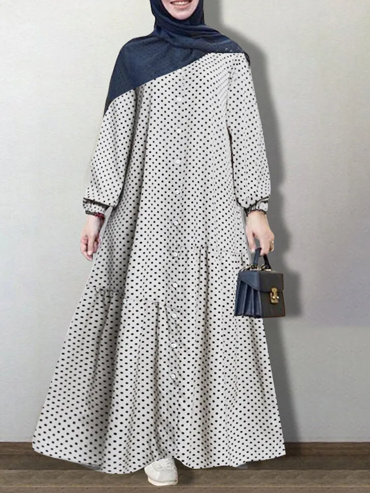Polka Dot Printed Button Down Front Elastic Cuff Bohemian Kaftan Tunic Women Maxi Dress