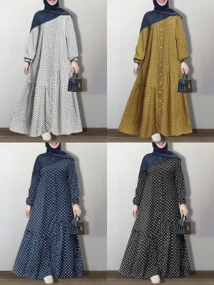 Polka Dot Printed Button Down Front Elastic Cuff Bohemian Kaftan Tunic Women Maxi Dress