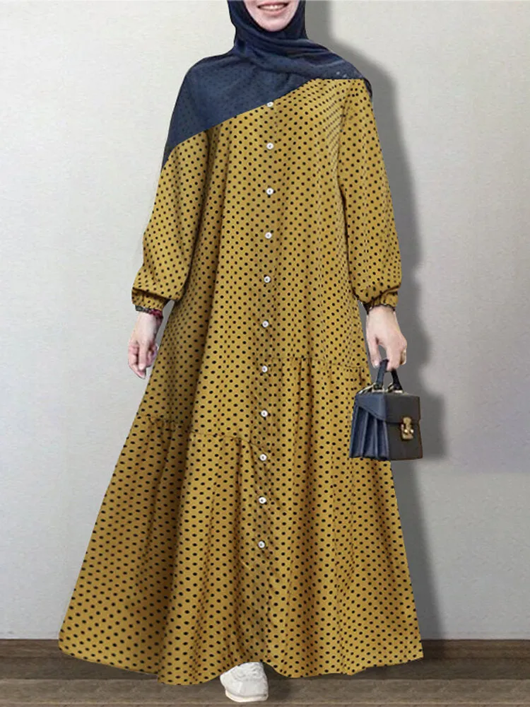 Polka Dot Printed Button Down Front Elastic Cuff Bohemian Kaftan Tunic Women Maxi Dress