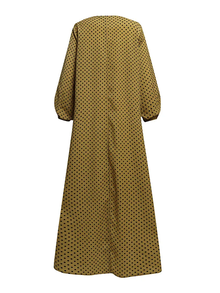 Polka Dot Printed Button Down Front Elastic Cuff Bohemian Kaftan Tunic Women Maxi Dress