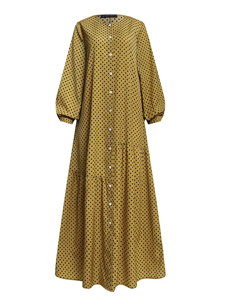 Polka Dot Printed Button Down Front Elastic Cuff Bohemian Kaftan Tunic Women Maxi Dress