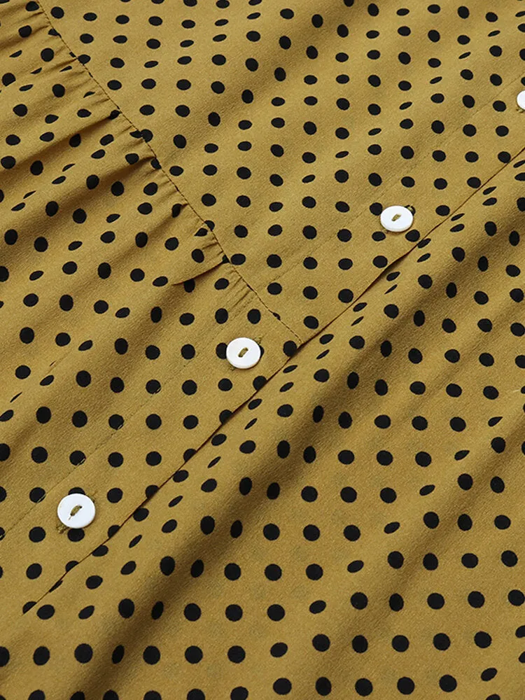 Polka Dot Printed Button Down Front Elastic Cuff Bohemian Kaftan Tunic Women Maxi Dress