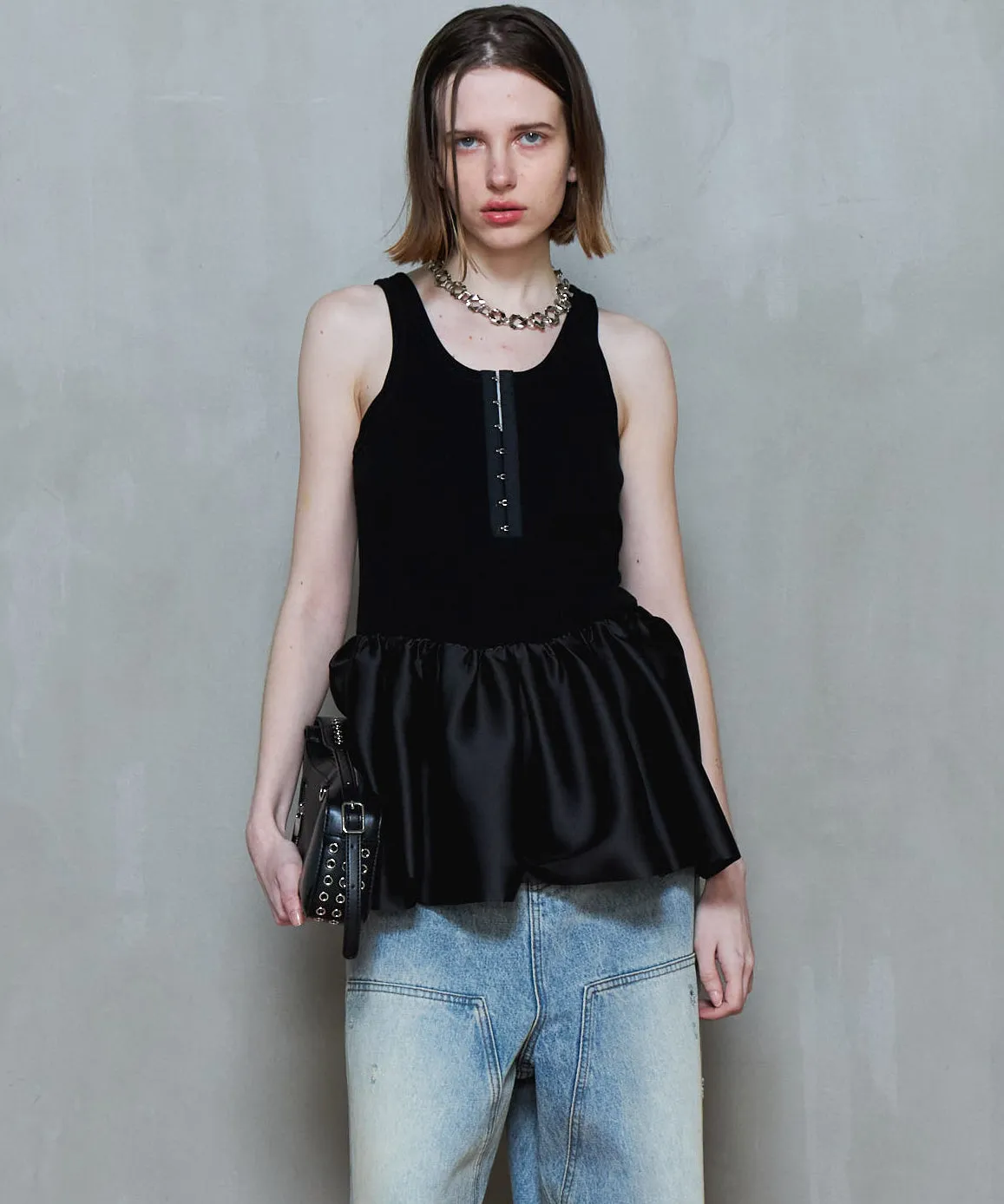 【PRE-ORDER】Satin Combination Peplum Tank Top