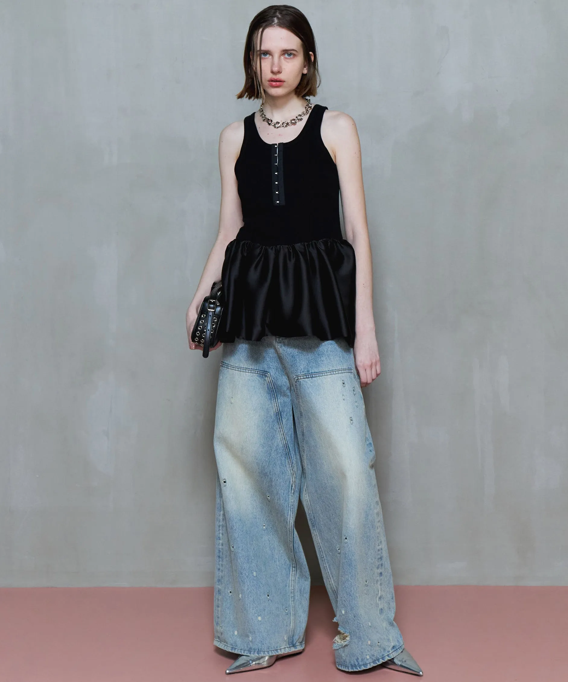 【PRE-ORDER】Satin Combination Peplum Tank Top
