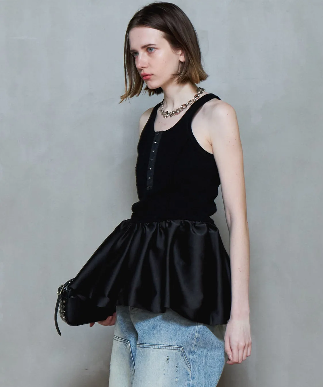 【PRE-ORDER】Satin Combination Peplum Tank Top